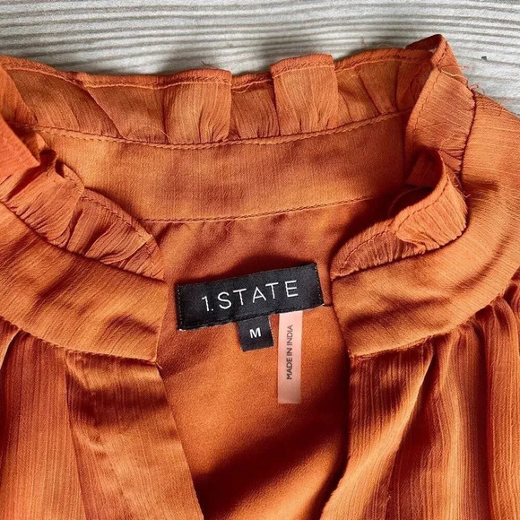 1. STATE Women's Orange Split Neck Long Sleeve Tiered Mini A-Line Dress‎ Medium - Picture 2 of 9